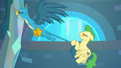 Size: 1280x720 | Tagged: safe, screencap, gallus, huckleberry, griffon, pegasus, pony, g4, school raze, background pony, chest fluff, claws, cutie mark, eyes closed, flying, friendship student, male, paws, stallion, tail, tail pull