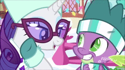 Size: 1280x720 | Tagged: safe, screencap, rarity, spike, dragon, pony, unicorn, g4, my little pony best gift ever, animated, blushing, boop, clothes, female, glasses, male, mare, noseboop, scarf, shipping fuel, snow, sound, striped scarf, webm, winged spike, wings, winter outfit