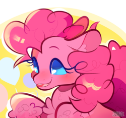 Size: 1280x1197 | Tagged: safe, artist:juicvox, pinkie pie, earth pony, pony, g4, balloon, blushing, bust, chest fluff, cute, diapinkes, ear fluff, female, open mouth, smiling, solo, unshorn fetlocks