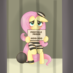 Size: 960x960 | Tagged: safe, artist:melissa-b-chan, fluttershy, pony, g4, ball and chain, bipedal, clothes, cute, female, prison outfit, prison stripes, sad, shyabetes, solo