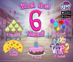 Size: 940x788 | Tagged: safe, gameloft, applejack, fluttershy, pinkie pie, rainbow dash, rarity, twilight sparkle, alicorn, pony, g4, official, 6, anniversary, balloon, birthday cake, cake, candle, cupcake, female, food, heart balloon, mane six, mare, my little pony logo, pizza, twilight sparkle (alicorn)