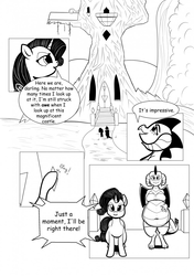 Size: 902x1280 | Tagged: safe, artist:ahobobo, princess ember, rarity, dragon, comic:expanding relations, g4, belly, big belly, dragoness, dragonlard ember, fanfic art, fat, female, grayscale, implied spike, implied twilight sparkle, midriff, monochrome, offscreen character, raritubby, twilight's castle