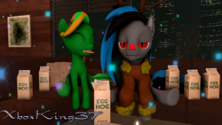 Size: 1280x720 | Tagged: safe, artist:xboxking37, oc, oc:midnightstar, oc:radiantaura, bat pony, earth pony, pony, 3d, christmas, clothes, cookie, costume, eggnog, food, holiday, oc x oc, particles, shipping, source filmmaker, unamused