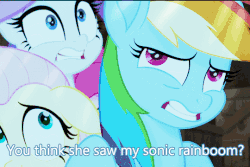Size: 540x360 | Tagged: safe, screencap, fluttershy, rainbow dash, rarity, earth pony, pegasus, pony, g4, my little pony: the movie, animated, cropped, female, gif, mare, text, trio