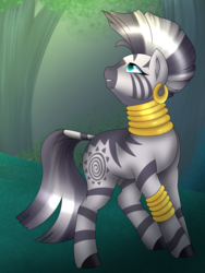 Size: 960x1280 | Tagged: safe, artist:globug100art, zecora, pony, zebra, g4, colored pupils, cute, ear piercing, earring, female, forest, jewelry, looking up, piercing, solo, zecorable