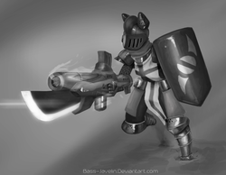 Size: 2700x2100 | Tagged: safe, artist:mopyr, anthro, armor, charge, grayscale, gunlance, high res, knight, monochrome, perspective, shield, solo, weapon