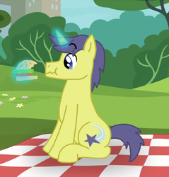 Size: 673x704 | Tagged: safe, artist:gameponygirl1, comet tail, pony, unicorn, g4, burger, food, hamburger, magic, male, picnic blanket, solo, stallion, telekinesis