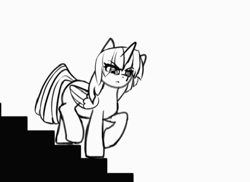 Size: 560x408 | Tagged: safe, artist:duop-qoub, twilight sparkle, alicorn, pony, descended twilight, g4, angry, animated, female, mare, monochrome, panty and stocking with garterbelt, pun, simple background, solo, sound, stairs, twilight sparkle (alicorn), visual pun, vulgar description, webm, white background, wings