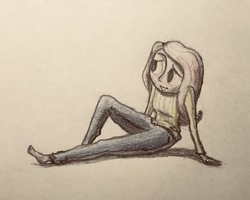 Size: 2048x1637 | Tagged: safe, artist:g0ldenage, fluttershy, human, g4, barefoot, clothes, feet, female, humanized, limited color, pencil drawing, simple background, soft color, solo, sweater, sweatershy, traditional art