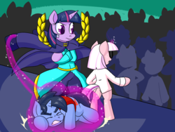 Size: 1280x960 | Tagged: safe, artist:zanezandell, twilight sparkle, oc, oc:kid prodigy, oc:krabby, alicorn, pony, unicorn, comic:cmcnext, g4, aura, bipedal, cape, clothes, cmcnext, colt, crossed hooves, crowd, evil genius twilight, female, glowing horn, horn, magic, magical gay spawn, male, mare, nervous, scientific gay spawn, shirt, stage, story included, struggling, telekinesis