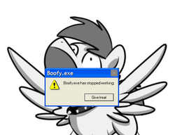 Size: 718x552 | Tagged: safe, artist:sugar morning, oc, oc only, oc:slipstream, dog pony, pegasus, pony, boofy, collar, error, error message, grayscale, male, monochrome, simple background, solo, spiked collar, spread wings, stallion, wings
