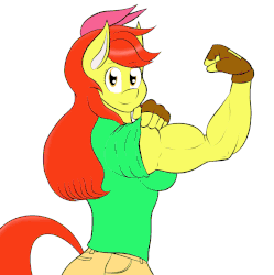 Size: 1280x1284 | Tagged: safe, artist:calm wind, artist:matchstickman, apple bloom, earth pony, anthro, matchstickman's apple brawn series, tumblr:where the apple blossoms, g4, animated, apple brawn, biceps, breasts, busty apple bloom, clothes, female, fingerless gloves, flexing, frame by frame, gloves, mare, muscles, older, older apple bloom, simple background, solo, white background