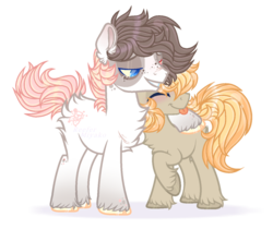 Size: 1024x861 | Tagged: dead source, safe, artist:_spacemonkeyz_, oc, oc only, oc:knox, oc:summerset, earth pony, pony, base used, chest fluff, cloven hooves, duo, fluffy, hug, male, simple background, stallion, tongue out, transparent background, unshorn fetlocks, watermark