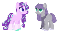 Size: 744x389 | Tagged: safe, artist:m-00nlight, maud pie, starlight glimmer, earth pony, pony, unicorn, g4, alternate hairstyle, braid, clothes, cloven hooves, colored hooves, female, lesbian, mare, older, scarf, shipping, simple background, starmaud, transparent background