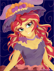 Size: 3000x4000 | Tagged: safe, artist:katakiuchi4u, sunset shimmer, equestria girls, g4, beautiful, clothes, dress, ear piercing, female, freckles, hat, peppered bacon, piercing, smiling, solo