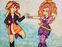 Size: 3920x3003 | Tagged: safe, artist:andras, adagio dazzle, sunset shimmer, equestria girls, g4, boots, clothes, gem, high res, jacket, leather, leather jacket, leggings, miniskirt, shoes, siren gem, skirt, traditional art