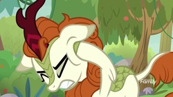 Size: 1920x1080 | Tagged: safe, screencap, autumn blaze, kirin, g4, sounds of silence, a kirin tale, cloven hooves, eyes closed, female, floppy ears, frustrated, grimace, gritted teeth, rubbing, solo