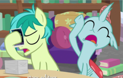 Size: 883x563 | Tagged: safe, screencap, ocellus, sandbar, changedling, changeling, earth pony, pony, g4, what lies beneath, book, bookshelf, facehoof, groan, male, pictures, sandbar is not amused, teenager