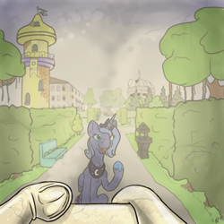 Size: 3000x3000 | Tagged: safe, artist:dombrus, princess luna, g4, canterlot gardens, first person view, frog (hoof), high res, inanimate tf, offscreen character, petrification, pov, statue, transformation, underhoof