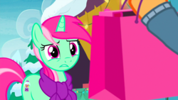 Size: 1436x808 | Tagged: safe, screencap, minty bubblegum, pony, unicorn, g4, my little pony best gift ever, background pony, clothes, female, mare, scarf, shopping bag, solo focus, winter outfit