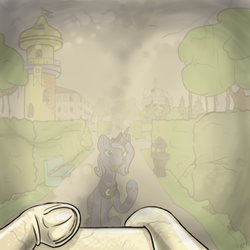 Size: 3000x3000 | Tagged: safe, alternate version, artist:dombrus, princess luna, g4, canterlot gardens, first person view, frog (hoof), high res, inanimate tf, offscreen character, petrification, pov, statue, transformation, underhoof