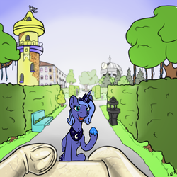 Size: 3000x3000 | Tagged: safe, alternate version, artist:dombrus, princess luna, g4, canterlot gardens, first person view, frog (hoof), high res, inanimate tf, offscreen character, petrification, pov, statue, transformation, underhoof