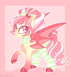 Size: 3000x3260 | Tagged: safe, artist:dreamyeevee, oc, oc only, oc:strawberry sundae, bat pony, pony, bat pony oc, bow, choker, clothes, female, hair bow, high res, mare, solo, stockings, striped stockings, tail bow, thigh highs