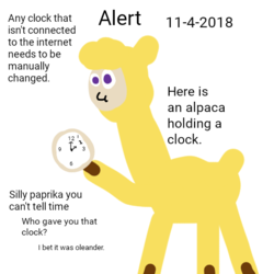 Size: 480x480 | Tagged: safe, artist:artdbait, paprika (tfh), alpaca, them's fightin' herds, clock, community related, doodle, female, fightin' doods, oblivious, solo, text, time, warning, wat