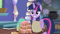 Size: 1334x750 | Tagged: safe, screencap, twilight sparkle, alicorn, pony, g4, my little pony best gift ever, book, bowl, cake, cute, eggshell, female, food, kitchen, mare, messy mane, oven, poker face, she knows, smiling, solo, twiabetes, twilight sparkle (alicorn), window, you tried