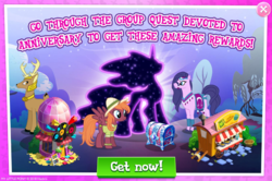Size: 1034x688 | Tagged: safe, gameloft, idw, amira, sweet pepper, tantabus, deer, pegasus, pony, saddle arabian, do princesses dream of magic sheep, g4, advertisement, cart, costs real money, group quests, idw showified, limited-time story, stag, unnamed character, unnamed deer