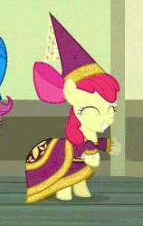 Size: 278x439 | Tagged: safe, screencap, apple bloom, scootaloo, earth pony, pony, for whom the sweetie belle toils, g4, adorabloom, animated, clothes, costume, cropped, cute, dress, eyes closed, female, filly, gif, grin, happy, hennin, hoofy-kicks, loop, princess apple bloom, princess costume, princess outfit, rearing, smiling, solo focus, squee
