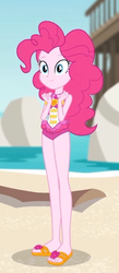 Size: 235x540 | Tagged: safe, screencap, pinkie pie, equestria girls, g4, my little pony equestria girls: better together, unsolved selfie mysteries, clothes, cropped, feet, female, flip-flops, geode of sugar bombs, legs, magical geodes, pinkie pie swimsuit, sandals, swimsuit