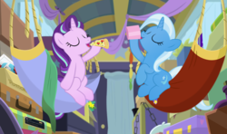 Size: 3667x2177 | Tagged: safe, artist:potato22, edit, edited screencap, screencap, starlight glimmer, trixie, pony, unicorn, g4, my little pony best gift ever, blurry background, drinking, duo, eyes closed, food, high res, meta, pineapple pizza, pizza, that pony sure does love pineapple pizza, twitter, wagon