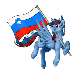 Size: 1300x1207 | Tagged: artist needed, safe, pegasus, pony, blue coat, flag pole, flying, gritted teeth, looking at something, nation ponies, ponified, shading, simple background, slovenia, slovenian flag, solo, spread wings, white background, wings