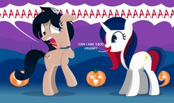 Size: 4096x2422 | Tagged: safe, artist:jhayarr23, oc, oc:crescend cinnamon, earth pony, pony, unicorn, commission, cutie mark, female, halloween, holiday, hooves, horn, jack-o-lantern, mare, open mouth, pumpkin, scared