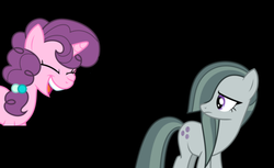 Size: 520x318 | Tagged: safe, marble pie, sugar belle, earth pony, pony, unicorn, g4, my little pony best gift ever, abuse, background pony strikes again, black background, downvote bait, heartbroken marble, laughing, marblebuse, op is a duck, op is trying to start shit, out of character, sad, side chick, simple background