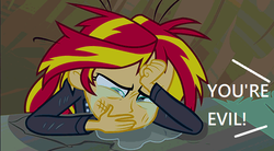 Size: 574x316 | Tagged: safe, edit, edited screencap, screencap, sunset shimmer, equestria girls, g4, my little pony equestria girls, abuse, background pony strikes again, crying, downvote bait, op is a duck, op is trying to start shit, op is wrong, sad, shimmerbuse, sunsad shimmer