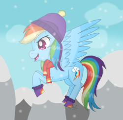 Size: 1593x1560 | Tagged: safe, artist:cloudysunshineyt, rainbow dash, pegasus, pony, g4, boots, clothes, female, flying, hat, scarf, shoes, snow, solo, winter outfit