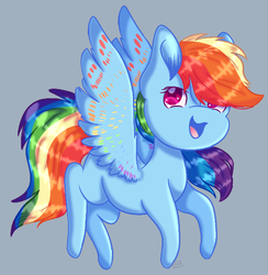 Size: 678x694 | Tagged: safe, artist:iris-swirl, rainbow dash, pegasus, pony, g4, chibi, colored wings, female, missing cutie mark, multicolored wings, simple background, solo