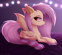 Size: 1938x1726 | Tagged: safe, alternate version, artist:imbirgiana, fluttershy, bat pony, pony, bats!, g4, bat ears, bat ponified, bat wings, bedroom eyes, butt, clothes, eyebrows, fangs, female, flutterbat, looking back, lying down, mare, one wing out, open mouth, plot, race swap, signature, socks, solo, striped socks, tail, tail aside, wings