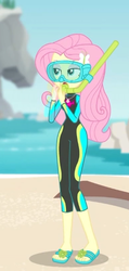 Size: 258x540 | Tagged: safe, screencap, fluttershy, equestria girls, g4, my little pony equestria girls: better together, unsolved selfie mysteries, clothes, cropped, feet, female, fluttershy's wetsuit, geode of fauna, magical geodes, ocean, sandals, snorkel, solo, swimsuit, wetsuit