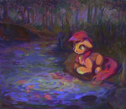 Size: 2027x1751 | Tagged: safe, artist:malinetourmaline, roseluck, earth pony, fish, pony, g4, behaving like a cat, collar, commissioner:doom9454, digital art, female, forest, mare, pet tag, pond, pony pet, river, rosepet, solo, water