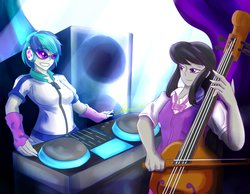 Size: 3507x2716 | Tagged: safe, artist:mantarwolf, dj pon-3, octavia melody, vinyl scratch, equestria girls, g4, bow (instrument), cello, clothes, fingerless gloves, gloves, high res, musical instrument, sunglasses, turntable