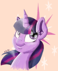 Size: 682x828 | Tagged: safe, artist:valemjj, twilight sparkle, alicorn, pony, g4, bust, cutie mark background, female, mare, portrait, smiling, solo, twilight sparkle (alicorn)