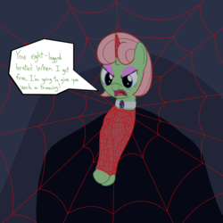 Size: 1000x1000 | Tagged: safe, artist:mightyshockwave, oc, oc:malady mystique, pony, spider, unicorn, tails of equestria, brooch, cocoon, eyeshadow, festival of lights, makeup, spider web