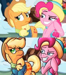 Size: 1920x2160 | Tagged: safe, artist:mandy1412, screencap, applejack, pinkie pie, earth pony, pony, g4, my little pony best gift ever, clothes, coat, cowboy hat, faic, female, hat, jacket, mare, scarf, scene interpretation, snow, toque, winter, winter outfit