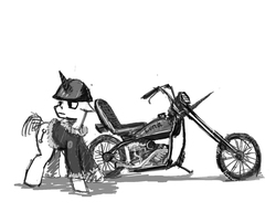 Size: 1540x1247 | Tagged: safe, artist:ony01, oc, oc only, pony, biker, chopper, grayscale, looking away, monochrome, motorcycle, simple background, solo, white background