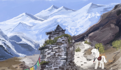Size: 1734x1000 | Tagged: safe, artist:ony01, earth pony, pony, blanket, flag, looking at something, mountain, pilgrim, pilgrim outfit, ruins, scenery, solo, standing