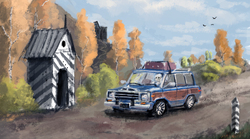Size: 2265x1255 | Tagged: safe, artist:ony01, applejack, earth pony, pony, g4, autumn, border, border marker, car, driving, female, jeep, jeep grand wagoneer, outdoors, post, solo, station wagon