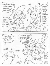 Size: 849x1100 | Tagged: safe, artist:circe, fluttershy, pinkie pie, anthro, comic:soreloser, applejerk, black and white, blushing, breasts, busty fluttershy, clothes, dress, grayscale, hat, imminent spanking, implied spanking, monochrome, sun hat, sundress, towel, traditional art